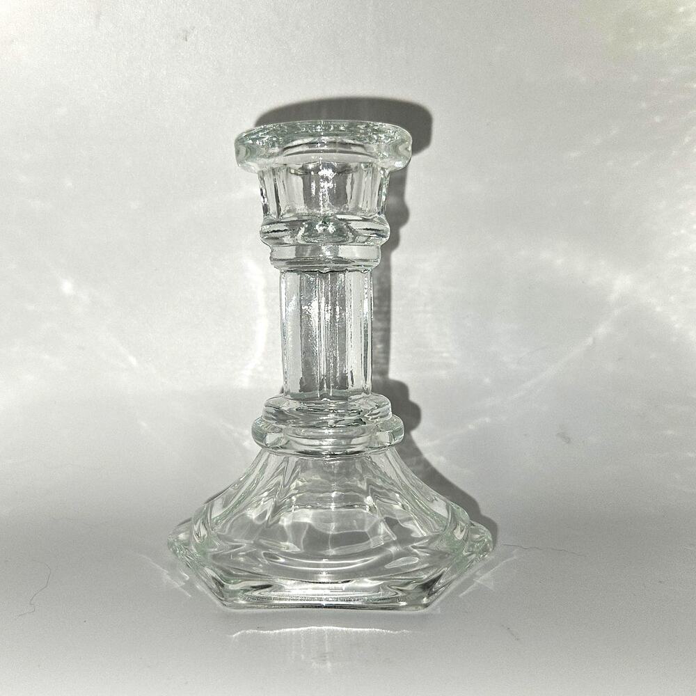 Vintage Clear Pressed Glass Taper Candlestick Holder Geometric Base